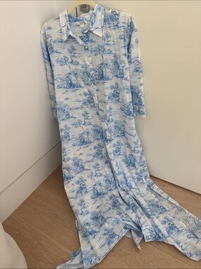 Blue Toile Maxi Shirt Dress